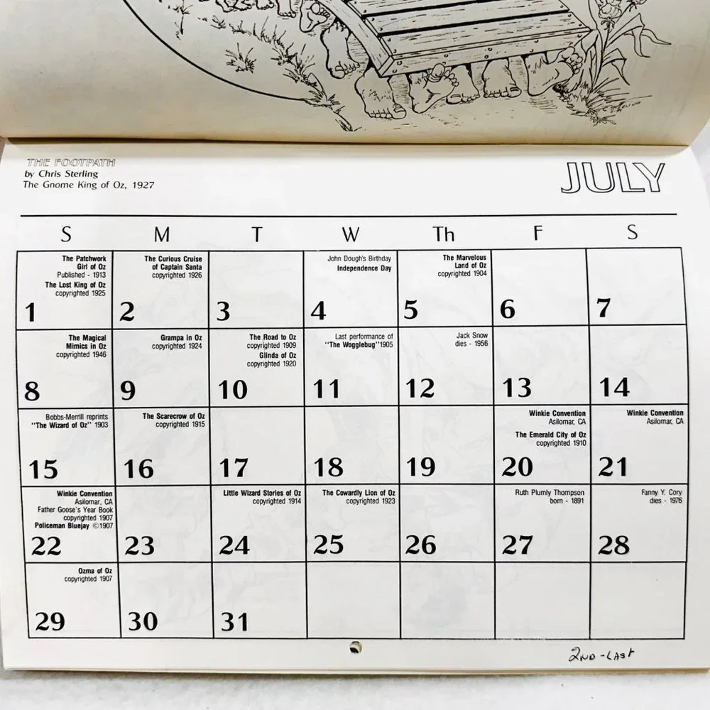 International Oz Club 1990 Calendar w/Artwork - Rare Find